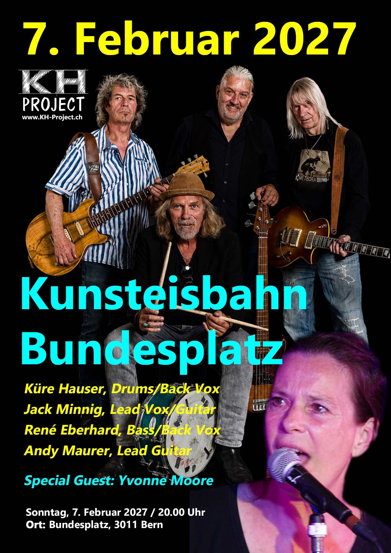 Yvonne Moore, Members, Musiker, KH Project, Rock & Blues, Schlagzeuger, Schlagzeug, Rock und Blues, heimische Musikszene, Band, Bern, Bühne, handgemachte Musik, Berner Rockmusik, Yvonne Moore, Küre Hause, Jack Minnig, Andy Maurer, René Eberhard, Eisbahn Bundesplatz, Bundesplatz, Live, Live-Gig, Kunsteisbahn Bundesplatz,