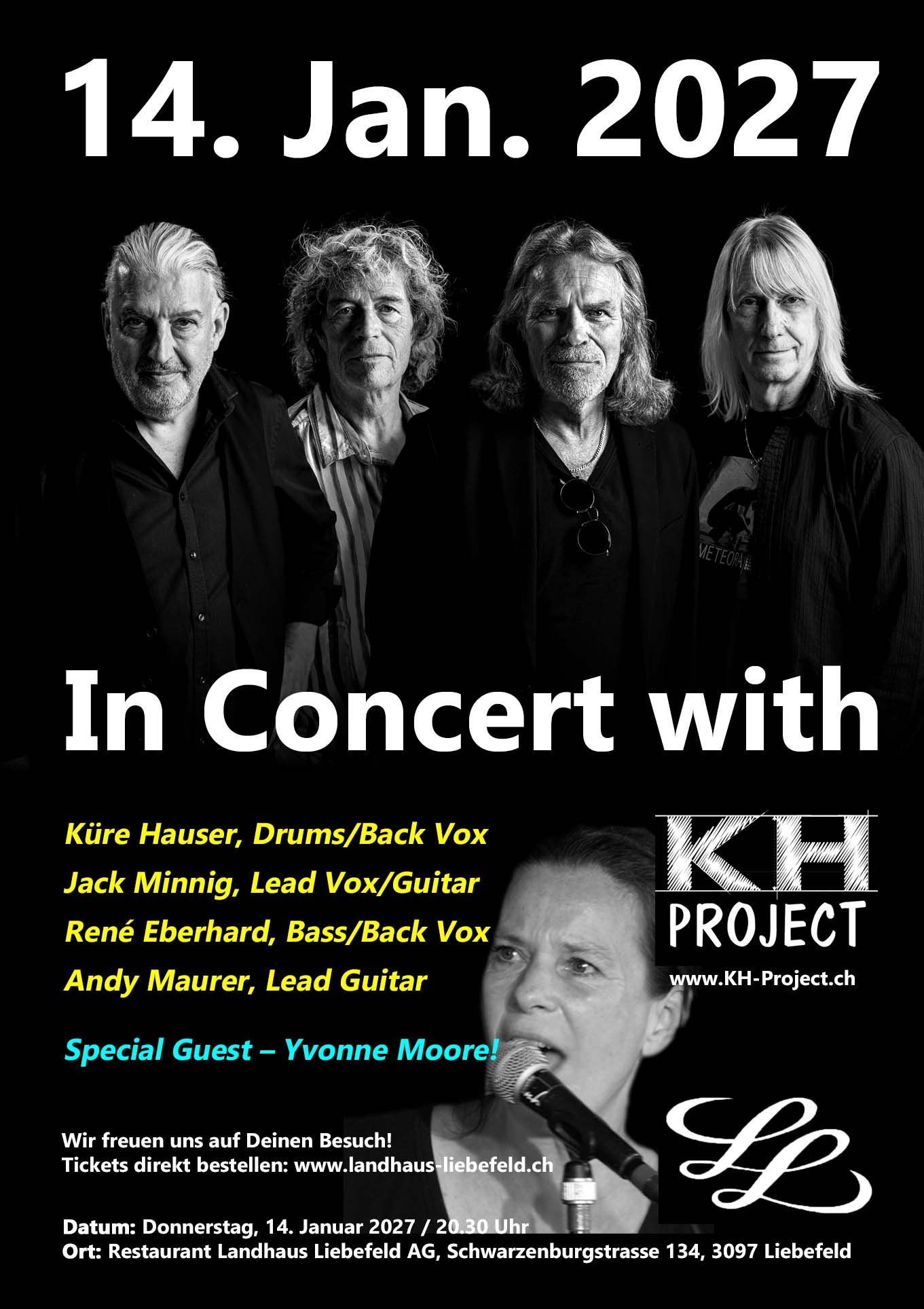 Yvonne Moore, Landhaus, Landhaus Liebefeld, Members, Musiker, KH Project, Rock & Blues, Schlagzeuger, Schlagzeug, Rock und Blues, heimische Musikszene, Band, Bern, Bühne, handgemachte Musik, Berner Rockmusik, Yvonne Moore, Küre Hause, Jack Minnig, Andy Maurer, René Eberhard, Eisbahn Bundesplatz, Bundesplatz, Live, Live-Gig,